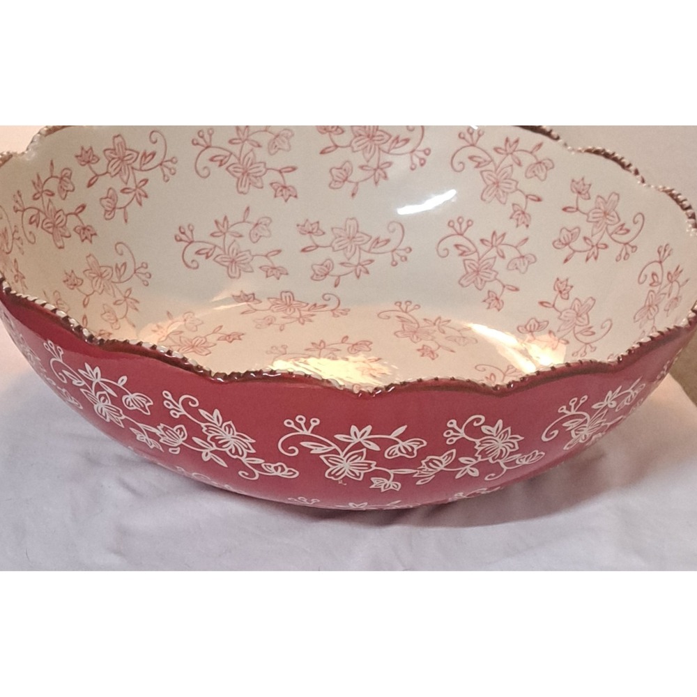 Temp-tations by Tara Floral Lace Cranberry Red 13" Serving Bowl 4 Qt Scalloped - Picture 3 of 9